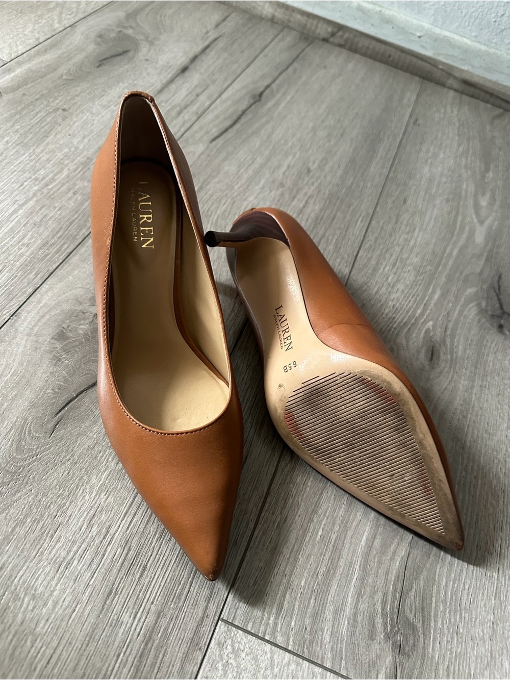 Ralph Lauren Cognac Leather Pointed Toe Pumps